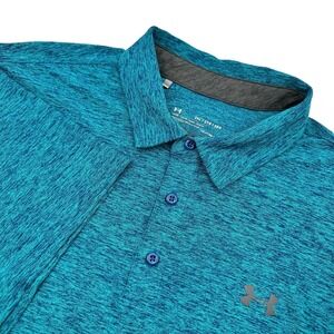 Under Armour Mens 2XL Heatgear Blue Heathered Logo‎ Polo Shirt Golf Athleisure